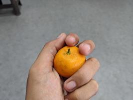 Little orange hold on the bare hand. The photo is suitable to use for fruit background and seller advertising.