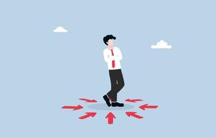 Ego, self-centered bais, overconfidence,  narcissistic concept, Businessman standing among arrows with different directions directing toward him. vector