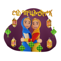 Muslim Women Hugging On Eid Mubarak 3D Character Illustration png