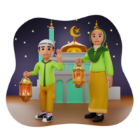 Kids Playing Arabian Lantern 3D Character Illustration png