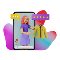 femelle mode vlogger en essayant sur vêtements, 3d personnage illustration png