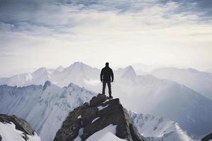 hombre en pie en el parte superior de un nevado montaña cima. panorámico ver foto