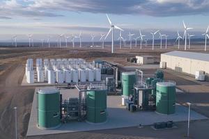 Green Hydrogen renewable energy production facility - green hydrogen gas for clean electricity solar and windturbine facility photo