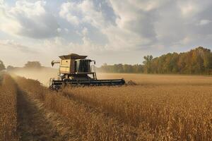 Harvesting of soybean field with combine. photo