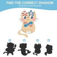 Find the correct shadow. Matching shadow game for children. Worksheet for kid. Educational printable worksheet. Vector illustration.