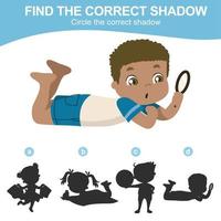 Find the correct shadow. Matching shadow game for children. Worksheet for kid. Educational printable worksheet. Vector illustration.