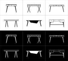 Furniture outline icons set. Desks. White on a black background and black on a white background. vector
