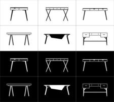 Furniture outline icons set. Desks. White on a black background and black on a white background. vector