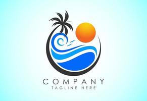 Beach logo design. Sun sunset sunrise with beach ocean sea water logo icon. vector