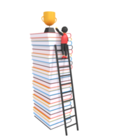 3d illustration of a boy picking up a trophy over a pile of books png