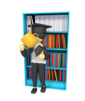 3d illustration of a man holding a trophy in front of a bookshelf png