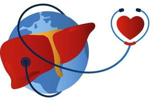 World Liver Day and Hepatitis Day- Sthethoscope Wrapped Around Globe And Liver vector