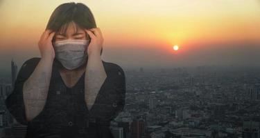 Asian women wear mask to prevent disease coronavirus 2019-nCoV. The concept of fear and anxiety about communicable diseases coronavirus 2019-nCoV, SARS, Bird flu and Influenza H5N1 and PM2.5 photo