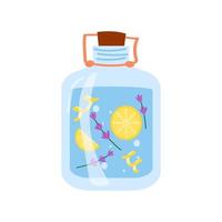 Glass jar with lid in flat style isolated on white background. Eco-friendly detergent - vinegar with lemon and lavender, saving. vector