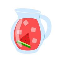 Glass jug with watermelon lemonade and ice on a white background. Refreshing summer drinks. vector