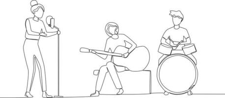 A woman singing and her two friends playing music vector