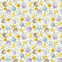 Watercolor hand drawn Easter celebration clipart. Seamless pattern with painted eggs, bows, flowers. Pastel color. Isolated on white background. For invitations, gifts, greeting cards, print, textile vector