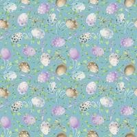 Watercolor hand drawn Easter celebration clipart. Seamless pattern with painted eggs, bows and leaves. Pastel. Isolated on color background. For invitations, gifts, greeting cards, print, textile vector