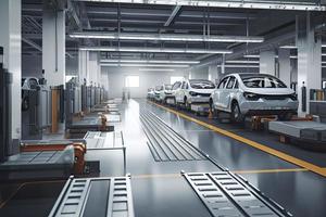 Automation automobile factory concept with 3d rendering robot assembly line with electric car battery cells module on platform photo