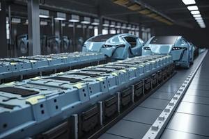 Automation automobile factory concept with 3d rendering robot assembly line with electric car battery cells module on platform photo