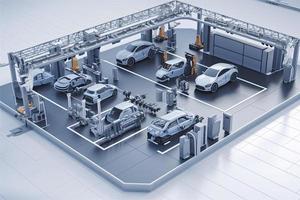 automatización automóvil fábrica concepto con 3d representación robot montaje línea con eléctrico coche batería células módulo en plataforma foto