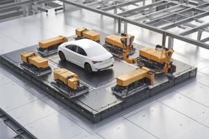 automatización automóvil fábrica concepto con 3d representación robot montaje línea con eléctrico coche batería células módulo en plataforma foto