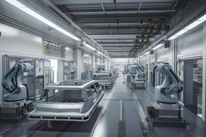 Automation automobile factory concept with 3d rendering robot assembly line with electric car battery cells module on platform photo