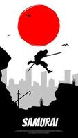 un silueta de un hombre saltando terminado un acantilado con un rojo Luna detrás a él. urbano samurai corrió con dos espadas samurai corriendo a ataque. samurai fondo de pantalla para teléfono. vector