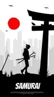 Urban samurai walking and red moon. Samurai with red moon wallpaper. Japanese samurai with a sword and oni mask. samurai theme wallpaper. samurai boy with two swords. vector