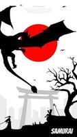 samurai versus witch. witch read the book. red moon illustration background. ronin. samurai wallpaper in red moon. dragon. mytological animal. fantasy walpaper. vector