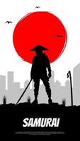 Samurai with red moon wallpaper. Japanese samurai warrior with a sword. urban samurai background. japanese theme wallpaper. vertical monitor background. Samurai in front of a red moon. vector