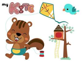 Funny squirrel cartoon playing kite with little bird and tree house vector