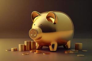 gold Piggy bank and golden coins on gold background photo