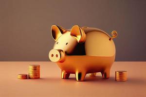 gold Piggy bank and golden coins on gold background photo