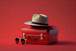 Suitcase with hat and sunglasses on red background photo