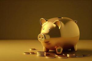 gold Piggy bank and golden coins on gold background photo