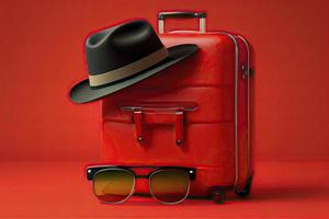 Suitcase with hat and sunglasses on red background photo