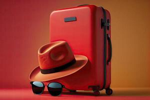 Suitcase with hat and sunglasses on red background photo