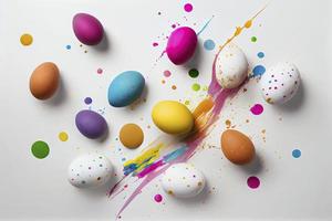 many colorful easter eggs in splash of paint. white background photo