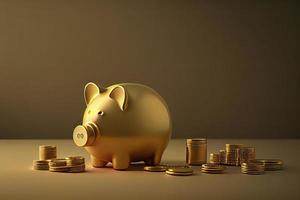 gold Piggy bank and golden coins on gold background photo