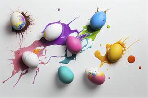many colorful easter eggs in splash of paint. white background photo