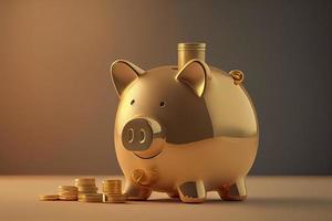 gold Piggy bank and golden coins on gold background photo