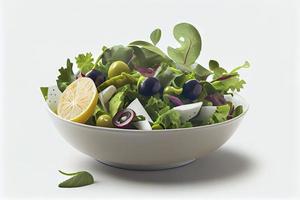 Salad In Bowl On Plate Against White Background photo