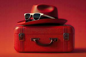 Suitcase with hat and sunglasses on red background photo