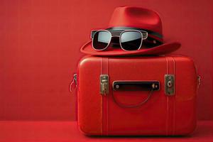 Suitcase with hat and sunglasses on red background photo