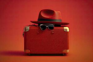 Suitcase with hat and sunglasses on red background photo