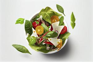 Salad In Bowl On Plate Against White Background photo