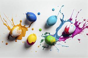 many colorful easter eggs in splash of paint. white background photo