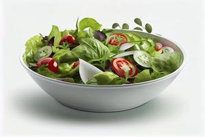 Salad In Bowl On Plate Against White Background photo