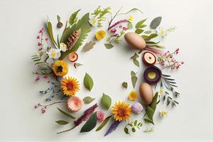 Flowers composition. Wreath made of various colorful flowers on white background photo